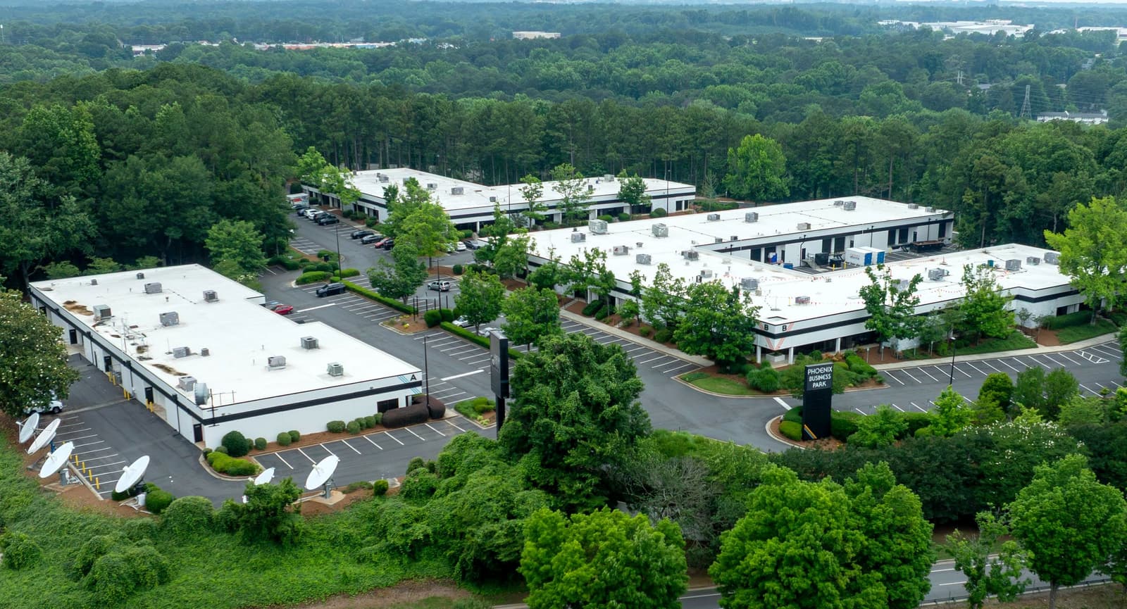 Aerial view of the three buildings at 2700 Northeast Expressway in Atlanta